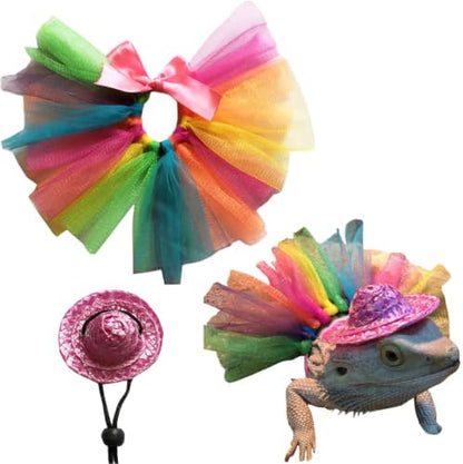 Colorful Lizard Tutu Skirt Hat Set Soft Rainbow Costume for Bearded Dragon