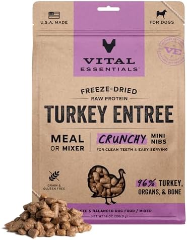 Vital Essentials Freeze Dried Dog Food, Turkey Mini Nibs, 14 oz Bag
