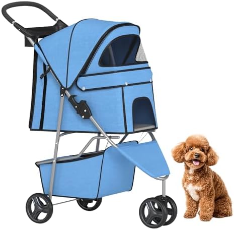 BestPet | 3-Wheel Pet Stroller | Blue | Foldable Dog and Cat Stroller