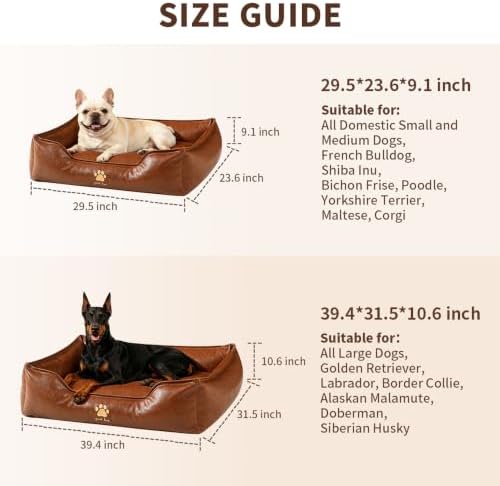 SOMAHE Waterproof Leather Dog Bed, Bolster Couch, 24x19x9 Brown