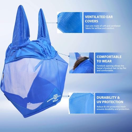 Harrison Howard UV-Proof Multi-Function Fabrics Thick Fleece Padding Horse Fly Mask Half Face with Ears Signature Blue Arabian Medium