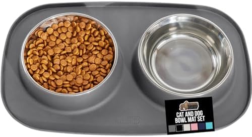 GORILLA GRIP Dog Bowl Set with Feeding Mat, 304 Stainless Steel, 3 Cup Gray