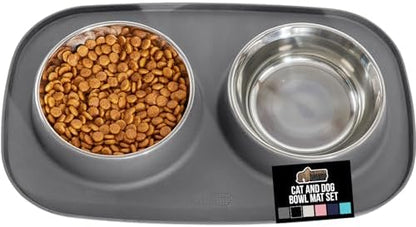 GORILLA GRIP Dog Bowl Set with Feeding Mat, 304 Stainless Steel, 3 Cup Gray