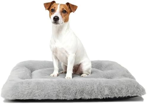 24 Inch Dog Crate Bed Washable, Comfort Fluffy Plush Dog Cushion Kennel Pad for Small Doggie and Cats, Non-Slip and Machine Washable Deluxe Pet Sleeping Mat, 24" x 18"x 2", Light Grey