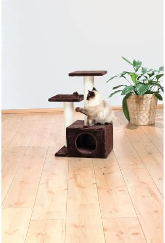 TRIXIE Valencia Scratching Post with Condo, Two Platforms, Dangling Cat Toy, Brown