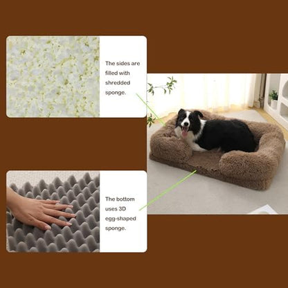 Orthopedic Dog Bed for Large Dogs - Washable Memory Foam Pet Sofa, Fluffy Plush Rectangular Bed, Waterproof Anti-Anxiety Couch, Khaki, L