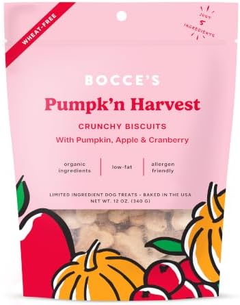 Bocce's Bakery Natural, Small Batch, Organic Dog Treats, Pumpk'n Harvest Biscuits, Wheat-Free, Limited-Ingredient, Made in The USA with 100% Recyclable Packaging, 12 oz Bag