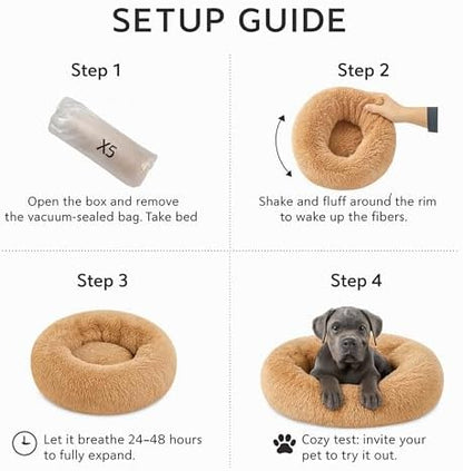 Calming Dog Bed - Fluffy Donut Cuddler for Anxiety Relief, Orthopedic Pet Bed with Non-Slip Bottom, Cozy Round Faux Fur Nest for Dogs and Cats, Plush Crate Mat for Comfort (Camel, Large)