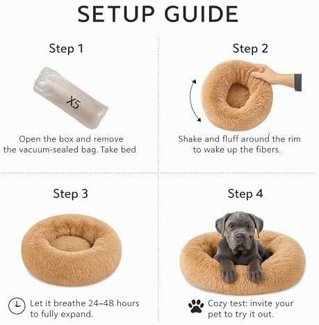 Calming Dog Bed - Fluffy Donut Cuddler for Anxiety Relief, Orthopedic Pet Bed with Non-Slip Bottom, Cozy Round Faux Fur Nest for Dogs and Cats, Plush Crate Mat for Comfort (Camel, Small +)