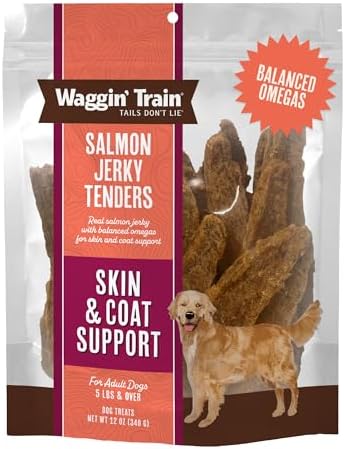 Waggin' Train Salmon Jerky Dog Treats for Skin and Coat Support, Made with 100% Real Salmon, No Grains and No Artificial Flavors or Colors, High Protein Dog Treat, Easily Digestible, 12 oz. Pouch
