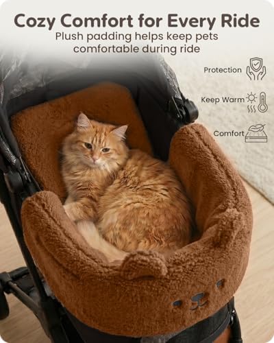 Pet Stroller Comforter Set – Ultra-Soft Cushion, Pillow & Edge Cover – Machine Washable, Protective & Cozy Liner for Dogs & Cats – Easy Install (Teddy Brown, Stroller Not Included)