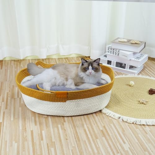 Cat Rope Basket, Handwoven Cat Beds with Plush Cushion