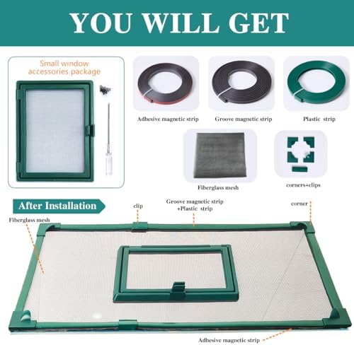 Magnetic Fish Tank Cover with Feeding Window Green Frame Grey Fiberglass Mesh, DIY Fish Tank Lid Adjustable Size Fit Tank Size Max 35''X19'' for Preventing Fish from Jumping Out and Reptile Escaping