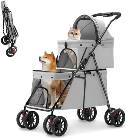Double Pet Stroller for Medium Small Dogs and Cats with 2 Carriage, Durable Universal Wheels with Brakes Lightweight One Hand Foldale Kittens Puppies Travel Strolling Cart (Gray)