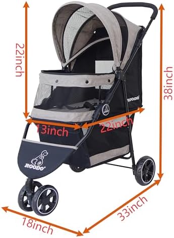ROODO 3 Wheel Dog Pet Cat Stroller Best Lightweight Foldable Compact Portable Jogger All Terrain Travel Pet Gear Puppy Kitty Stroller for up to 30lbs Medium Small Dogs and Cats(Light Khaki)