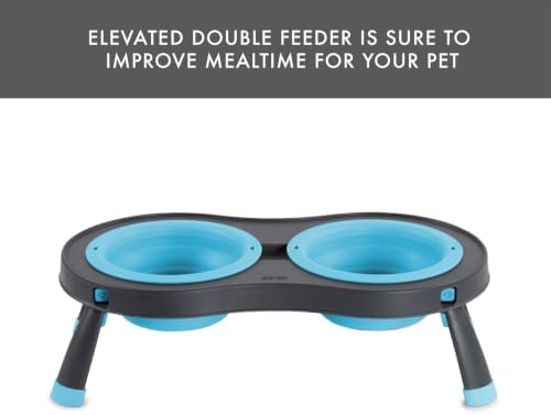 Dexas Pets Elevated Double Pet Feeder, Small, 1 Cup Capacity Bowls, Blue, Raised Pet Food and Water Bowls