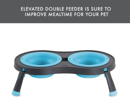 Dexas Pets Elevated Double Pet Feeder, Small, 1 Cup Capacity Bowls, Blue, Raised Pet Food and Water Bowls
