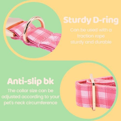 Pink Gingham Dog Collar with Flower for X-Large Female Dogs
