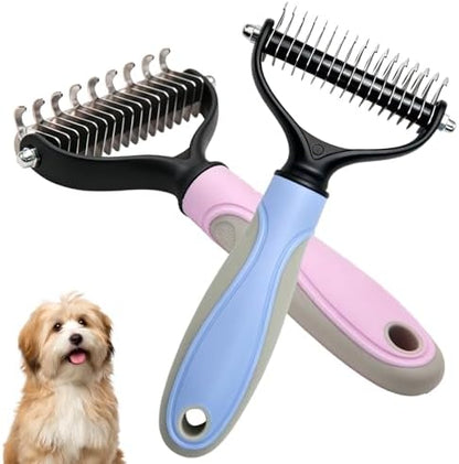 Pet Pro Grooming Tool, 2-In-1 Double-Sided Grooming Tool, Sided Deshedding Dematting Tool, Undercoat Rake for Dogs & Cats, Extra-Wide Dog Grooming Brush & Deshedder Comb for Long Hair(Blue + Pink)