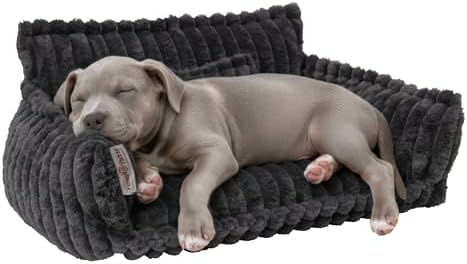 Grooved Pet Bed for Small to Medium Dogs or Cats, Soft Ribbed Corduroy-Style Polyester Fabric, Supportive Bolsters, Removable Cover, Non-Slip Base, Sofa Pet Lounger with Mini Play Cushion, Dark Gray