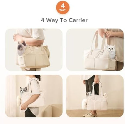 JourCraf Dog Purse Carrier for Small Dogs & Puppies Up 10 Lbs, Soft Cotton Tote Pet Shoulder Bag with Pockets, Foldable & Washable Breathable Puppy Carrier for Yorkie, Chihuahua & Cats - Beige