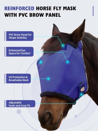 Harrison Howard Reinforced Horse Fly Mask with Mirror PVC Brow Support, Enhanced Eye Space, UV Protection Deep Navy M