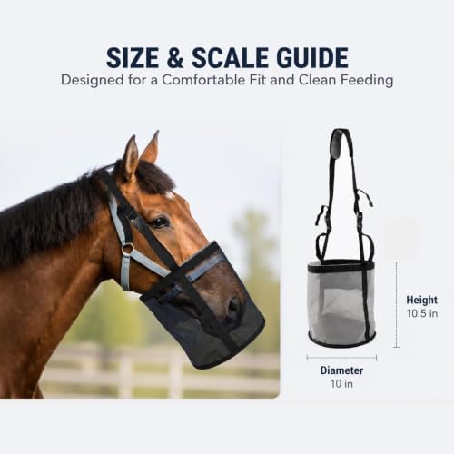 Horse Feed Bag,Heavy Duty Muzzle Feed Bag with Adjustable Strap,Comfort Neck Pad,Nose Pad and Double Waterproof Bottom Mesh Feed Bags for Horse Pack of 2 (Dark Blue & Grey)