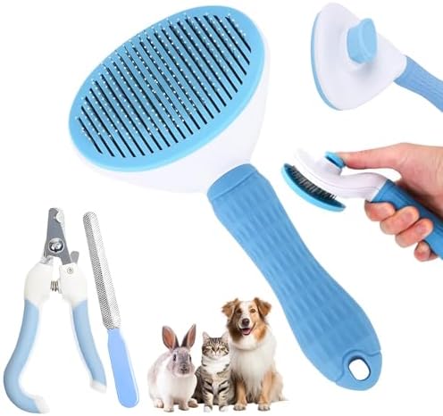 Aglads 8PCS Cat Rabbit Bunny Dog Grooming Kit,Self-Cleaning Brush,Nail Clipper,Grooming Glove,Massage Brush,Flea Comb,Towel&Travel Bag,Complete Grooming Tools for Long&Short Haired Pets(8, blue)