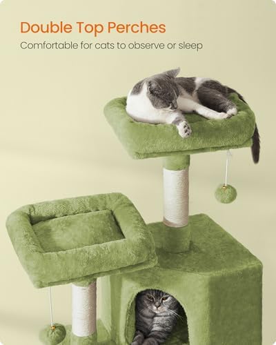 Feandrea Cat Tree, 45.3-Inch Cute Cat Tower, Plush Climbing Condo, Green