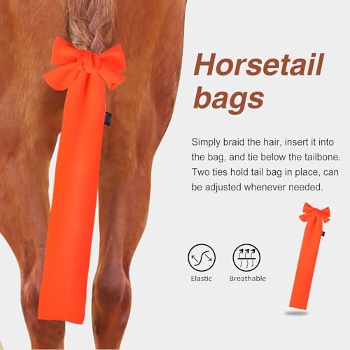 Harrison Howard Stretchy Horse Tail Guard - Breathable, Slip On Design, Protects Tail - 2 Strand Closure Straps - 22" L - Orange