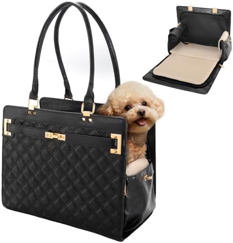 2-in-1 Stylish Dog Purse Carrier Soft-Sided Carriers Travel Tote Bag for Small Dogs Cats, Fashion Foldable Pet Bag for Puppies Small Animals with Pockets (Black Checkered, 15" L x 7.5" W x 12.2" H)
