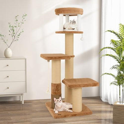 PETSITE 65 Inch Tall Cat Tree, Multi-Level Cat Tower with Scratching Posts, Soft Faux Rabbit Fur Padded Perches, Removable Cushion, Sisal Rope, and Dangling Ball, Modern Cat Tree Tower for Indoor Cats