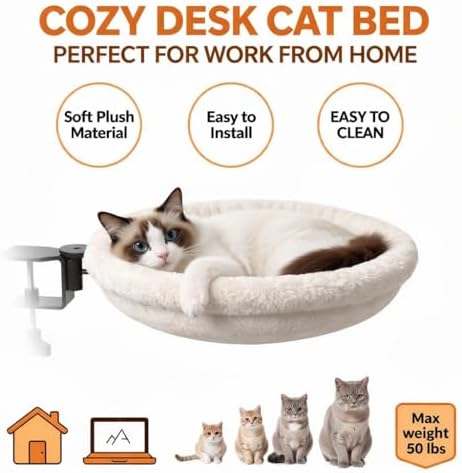 Cat Bed for Desk – Under-Table Cat Hammock with 2 Replacement Beds, Removable Zipper Faux Fur Covers, Easy to Install, Supports Up to 50lbs