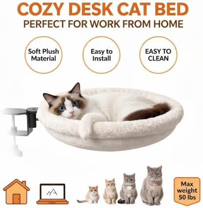 Cat Bed for Desk – Under-Table Cat Hammock with 2 Replacement Beds, Removable Zipper Faux Fur Covers, Easy to Install, Supports Up to 50lbs