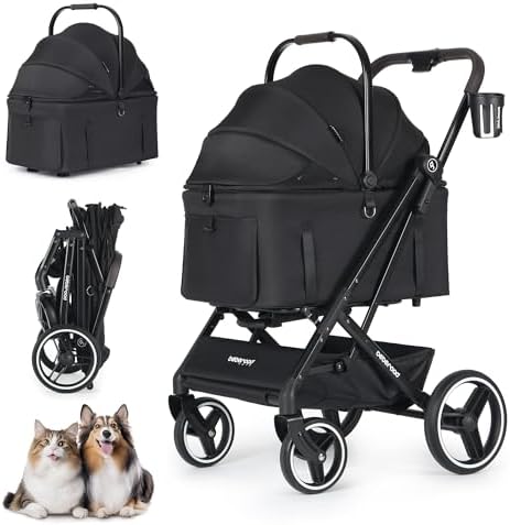 X3 Pet Stroller for Medium Dogs Cats Up to 55 lbs or Two Small Pets, Black