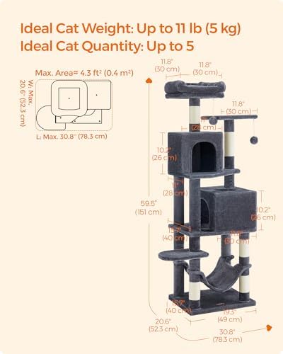 Feandrea Cat Tree, 59.5-Inch Tall Cat Tower, Multi-Level Condo, Smoky Gray