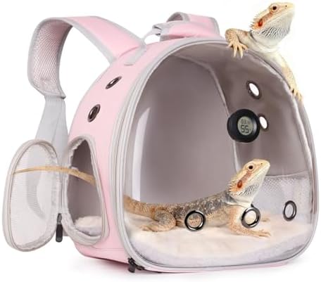 Bearded Dragon Backpack Carrier w/Reptile Thermometer Hygrometer, Clear Bubble Window Astronaut Space Capsule Travel Bag for Leopard Gecko, Ball Python, Lizard, Hermit Crab, Spider, Guinea Pig