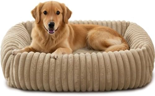 FURTIME Dog Bed Medium Size Dog, Washable Orthopedic Pet Bed with Removable Cover, Rectangle Soft Calming Sleeping Puppy Bed Durable Pet Cuddler with Anti-Slip Bottom, Beige, M Plus (30"x24"x8")