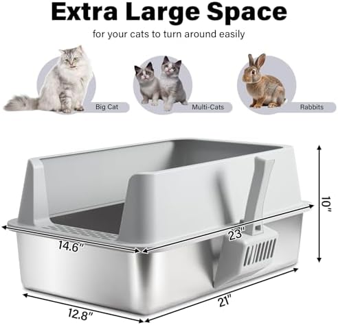 XL Stainless Steel Litter Box with Lid, Extra Large Cat Litter Box