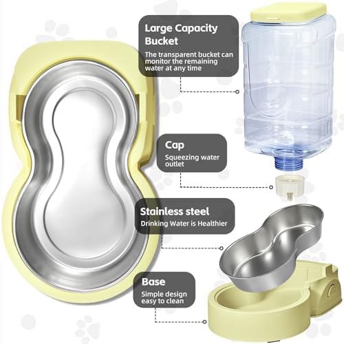 HWONMTE Portable Automatic Cat Feeder and Water Dispenser with Stainless Steel Bowl Dog Gravity Food Feeder and Waterer for Small Medium Pets Puppy Kitten 1 Gallon x 2 (Cream Yellow)