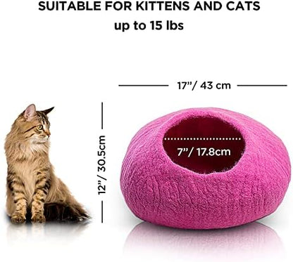 Woolygon Premium Felt Cat Cave Bed – Wool Kitty Beds Handcrafted Kitten Caves Bed for Indoor Cats - Made from Merino Wool, Foldable Cat Hideaway Covered Cat House Pod (Pink Plain)