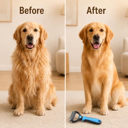 2PCS Pet Grooming Combo - Blue Deshedding Brush with Metal Comb for Detangling and Dematting Long, Matted Fur on Cats and Dogs (Pink+Blue)