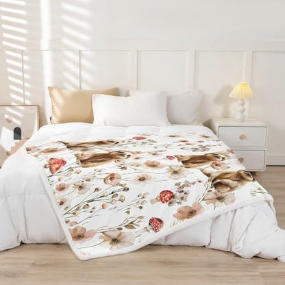 Erosebridal Kids Sloth Blanket Throw 90"x90",Mushroom Sloth Blankets and Throws for Girls Women,Kawaii Animal Print Fleece Blanket Country Cottage Style Floral Sherpa Blanket for Bed Couch Decor