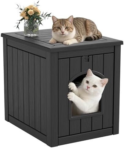Cat Litter Box Enclosure, Feral Outdoor Cat Enclosure Weatherproof for Winter Outside, Cat Litter Box Furniture Fit Litter Box, Sturdy Resin Shelter for Living Room, Easy to Assemble, Black