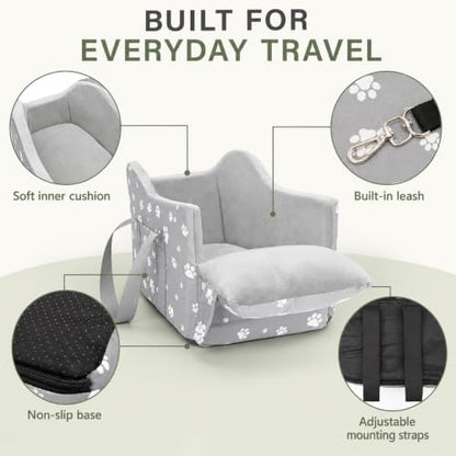 Center Console Dog Car Booster Seat for Small Dogs 0-15 lbs - Grey Pet Travel Carrier Safety Leash, Detachable Seat Belt & Storage Pockets