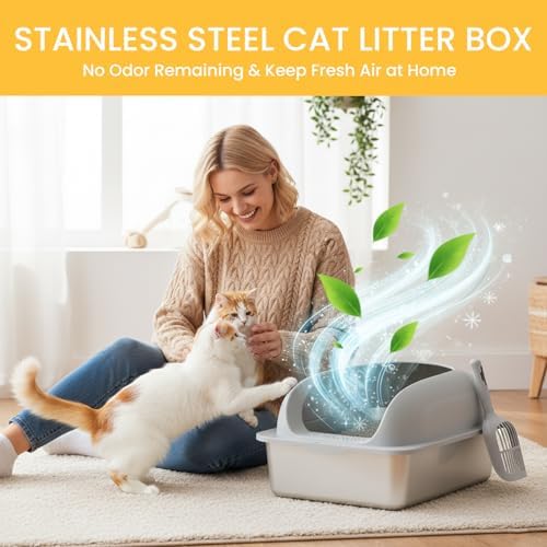 HealSmart Stainless Steel XL Cat Litter Box, Extra Large Cat Litter Box with Lid, High Sided Metal Litter Tray for Big Cats, Anti-Urine Leakage Non-Stick Easy Clean, Light Gray