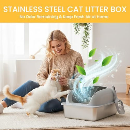 HealSmart Stainless Steel XL Cat Litter Box, Extra Large Cat Litter Box with Lid, High Sided Metal Litter Tray for Big Cats, Anti-Urine Leakage Non-Stick Easy Clean, Light Gray