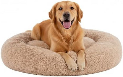 Soft Round Dog & Cat Bed, Anti-Anxiety Donut Cuddler with Anti-Slip Bottom Cozy Fluffy Pet Bed for Medium Large Dogs and Cats, 37inch, Brown