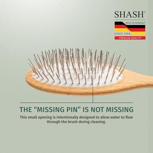 Since 1869 Hand Made In Germany - SHASH Oval Pet Brush With Long Metal Pins With Rubber Cushion - Helps Detangle Knots, Eliminate Frizz, Reduce Pulling & Snagging (Short Steel Pins)