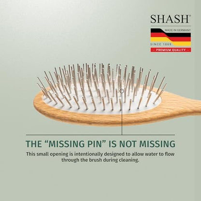 Since 1869 Hand Made In Germany - SHASH Oval Pet Brush With Long Metal Pins With Rubber Cushion - Helps Detangle Knots, Eliminate Frizz, Reduce Pulling & Snagging (Short Steel Pins)